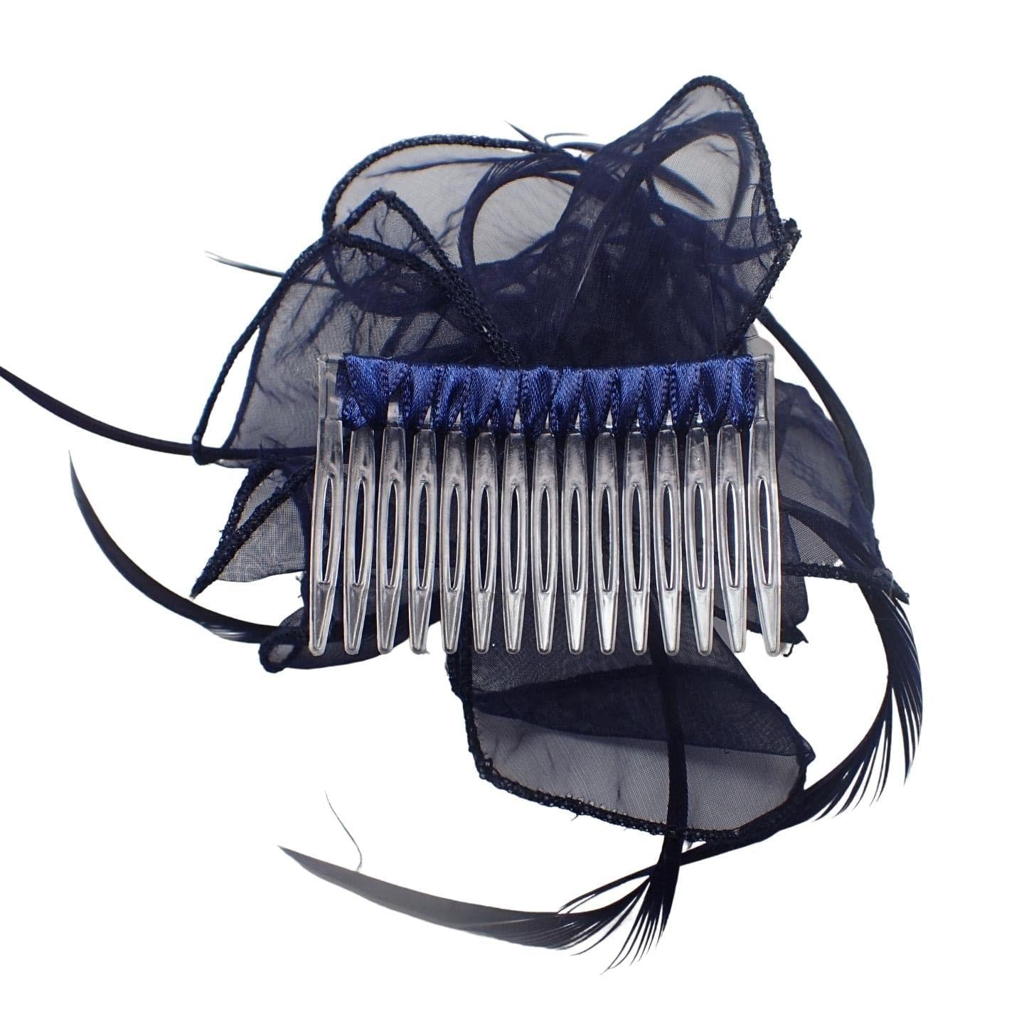 Looped Fabric & Feather Comb Fascinator Hair Comb Slide Fascinators Royal Ascot Wedding Hat Attached To Clear Comb For Girls, Women, Ladies