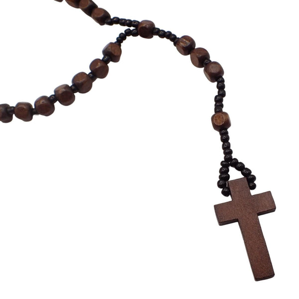Stunning Holy Wooden Rosary Beads Necklace For Prayer, Brown & Black Wooden Beaded Necklace On Cord Suitable For Men & Women With Wooden Cross