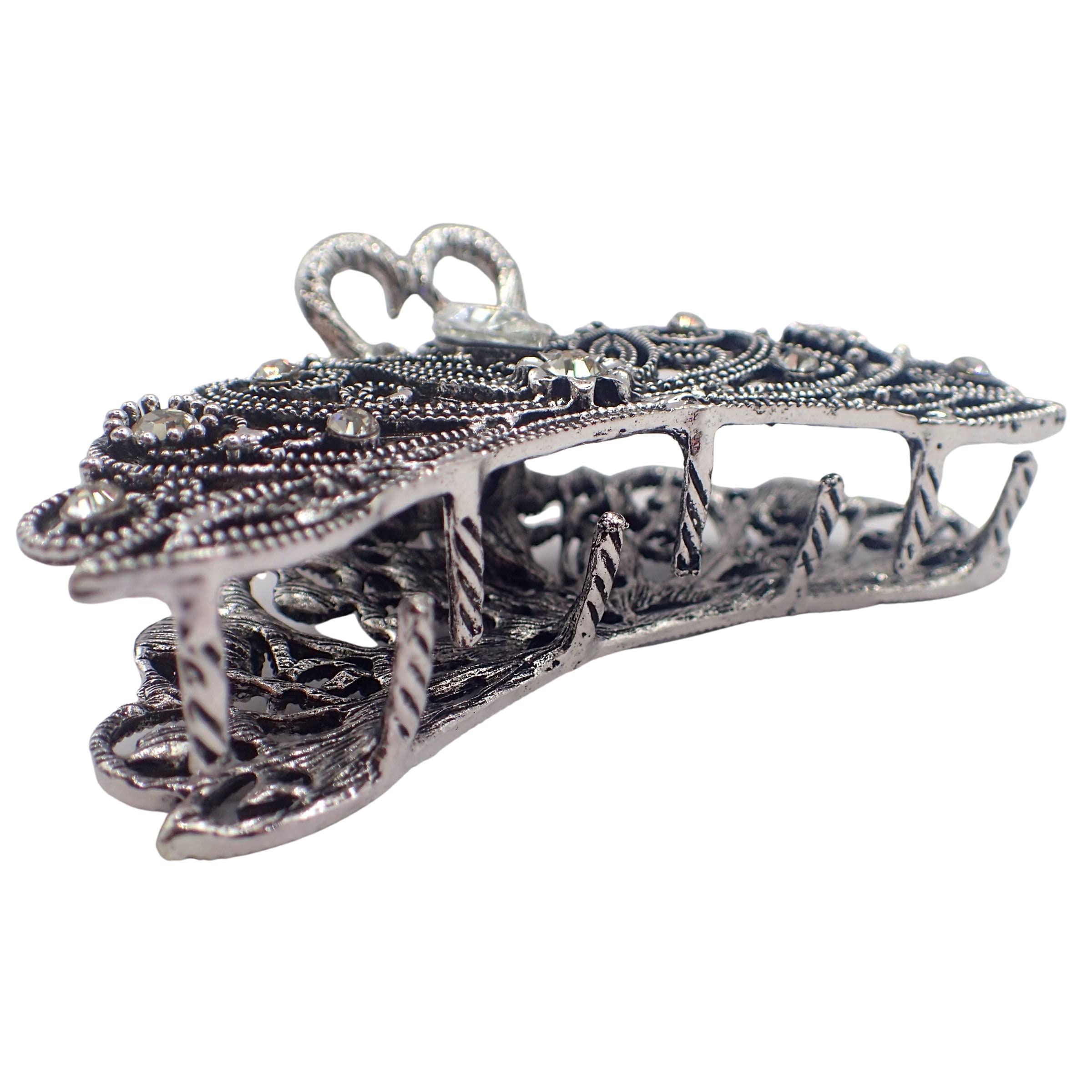 Vintage Hair Claw Clips Metal Flower Butterfly Bulldog Grips Silver Gold Women Girls Wedding Bridal Sparkly Clamp Jaw Rhinestone Gems (Silver Filigree Butterfly 5cm 2")