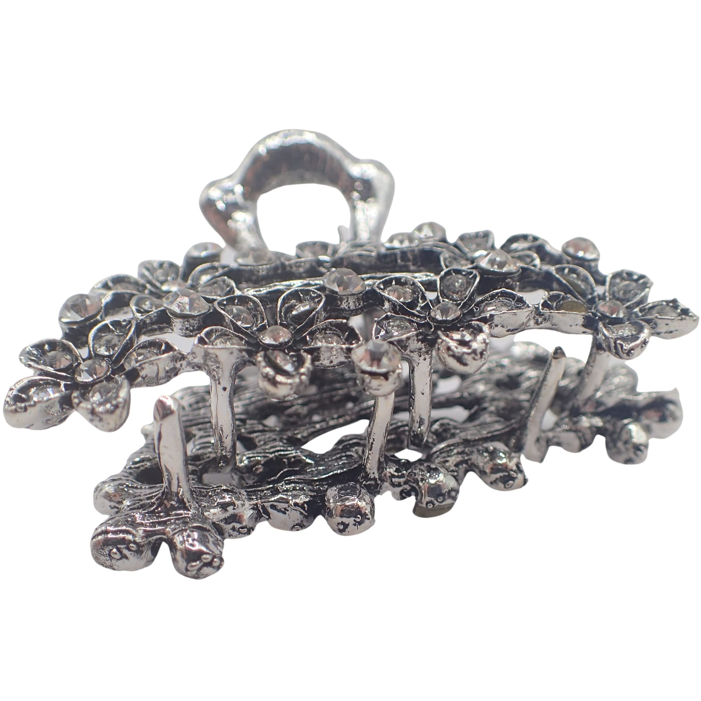 Vintage Hair Claw Clips Metal Flower Butterfly Bulldog Grips Silver Gold Women Girls Wedding Bridal Sparkly Clamp Jaw Rhinestone Gems (Silver Filigree Butterfly 5cm 2")