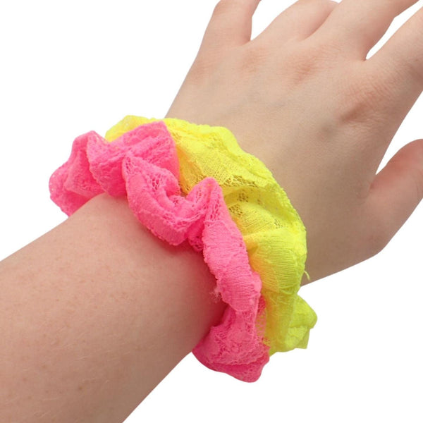 Neon Set of 2 Lace Scrunchies for Ladies & Girls for Thick & Thin Hair, Hair Bobbles & Bands, Pretty Lace Hair Bands, Hair Scrunchies