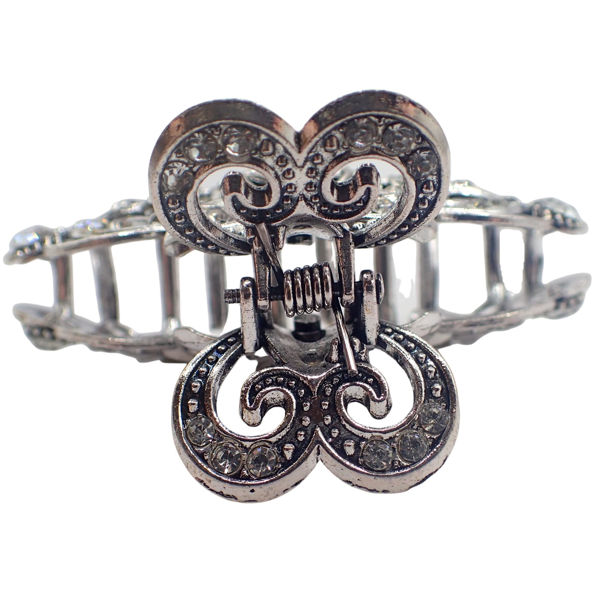 Vintage Hair Claw Clips Metal Flower Butterfly Bulldog Grips Silver Gold Women Girls Wedding Bridal Sparkly Clamp Jaw Rhinestone Gems (Silver Filigree Butterfly 5cm 2")