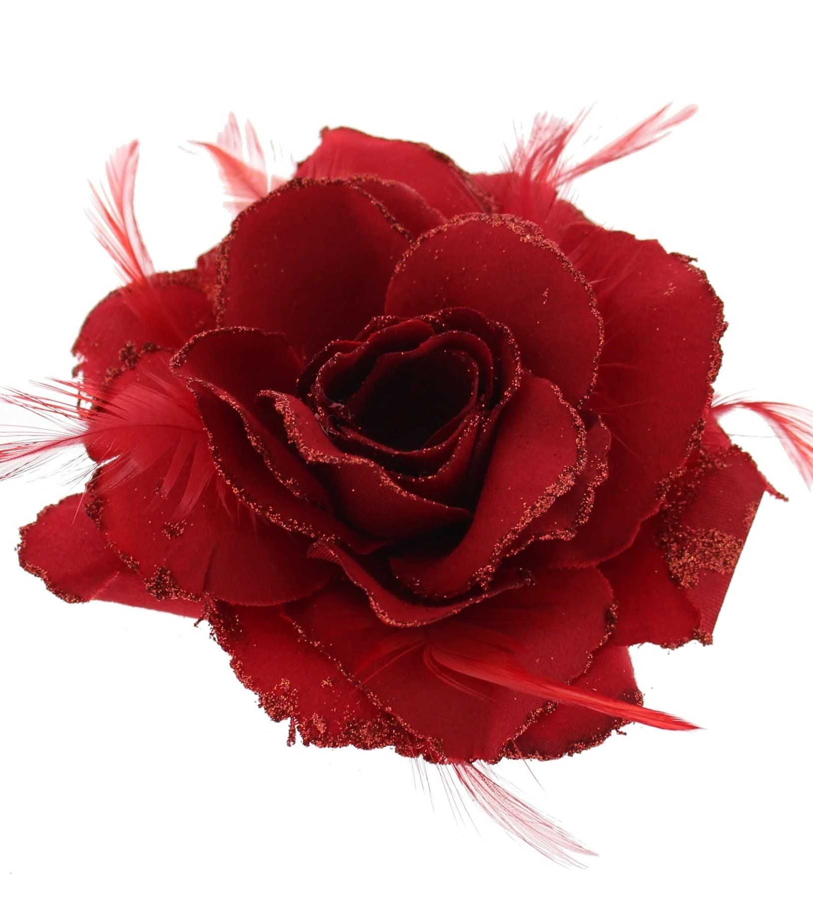 Red Rose Hair Flower With Glitter Edge On Hair Clip And Brooch Pin