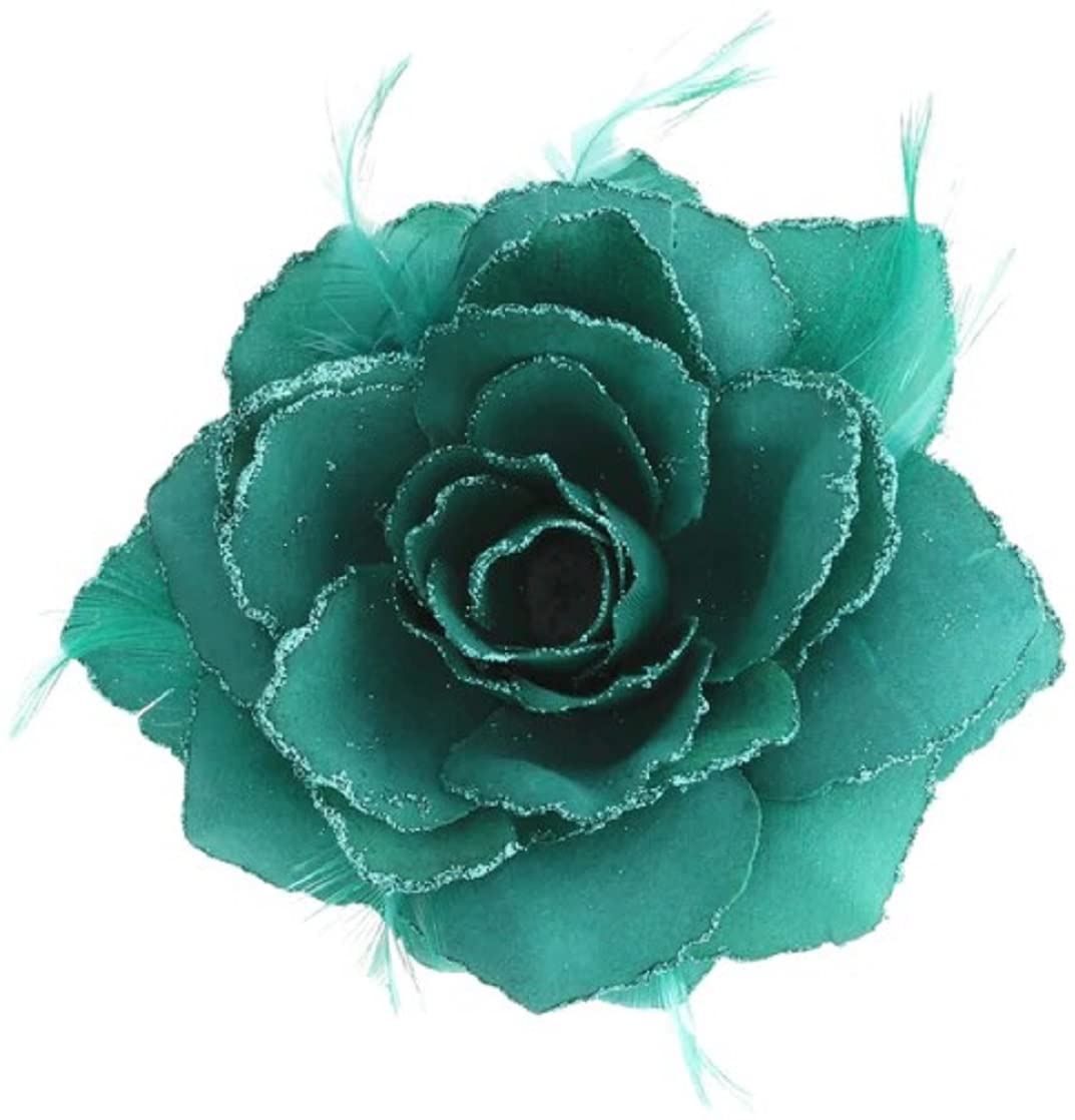 Teal Rose Hair Flowers With Glitter Edge On Clip And Brooch Pin