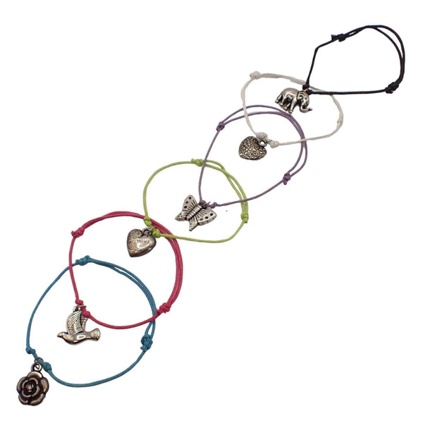 Girls Adjustable Corded String Bracelet/ Anklet with Charm Multipack, Set for Kids Friendship Bracelet Jewellery for Party Bag