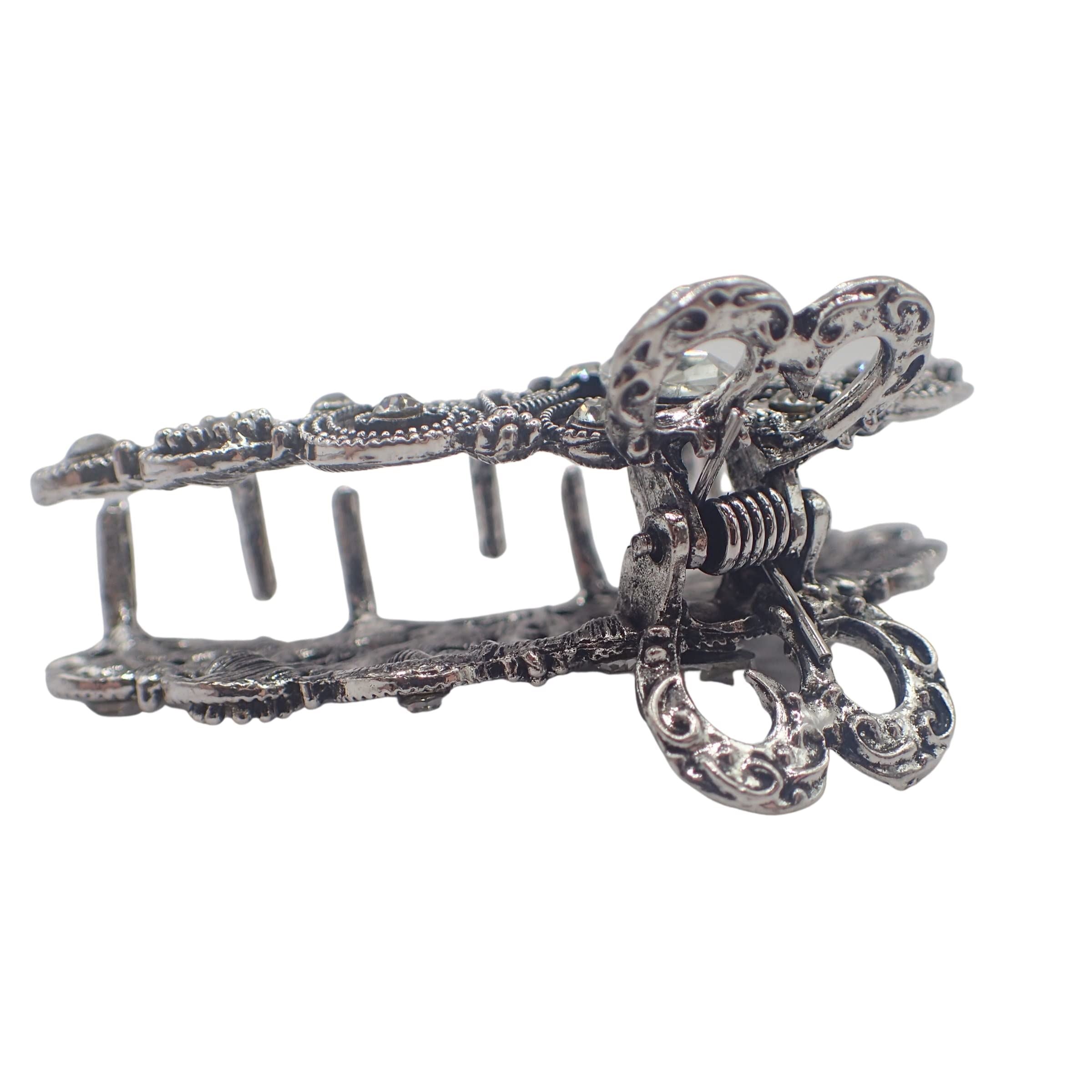 Vintage Hair Claw Clips Metal Flower Butterfly Bulldog Grips Silver Gold Women Girls Wedding Bridal Sparkly Clamp Jaw Rhinestone Gems (Silver Filigree Butterfly 5cm 2")