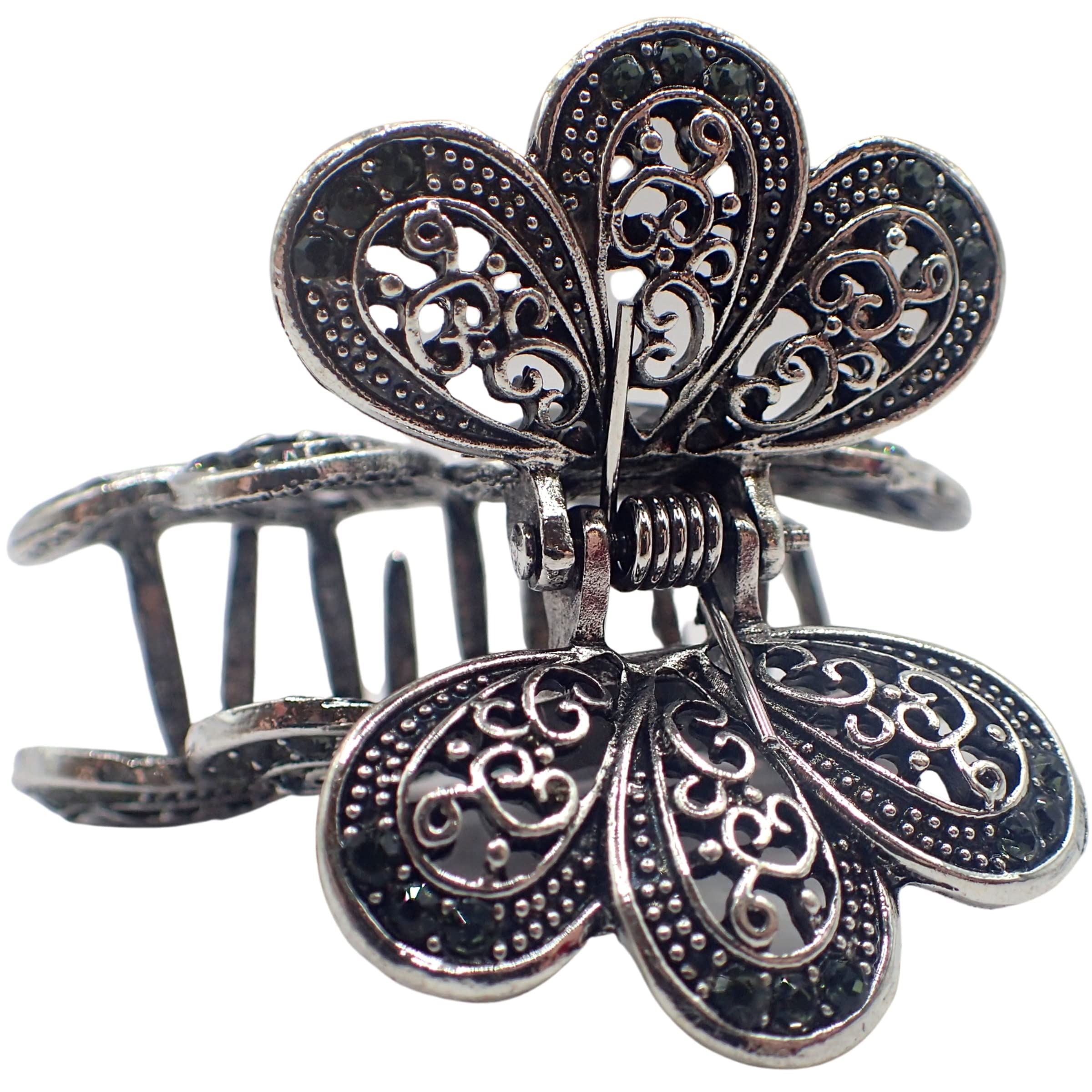 Vintage Hair Claw Clips Metal Flower Butterfly Bulldog Grips Silver Gold Women Girls Wedding Bridal Sparkly Clamp Jaw Rhinestone Gems (Silver Filigree Butterfly 5cm 2")