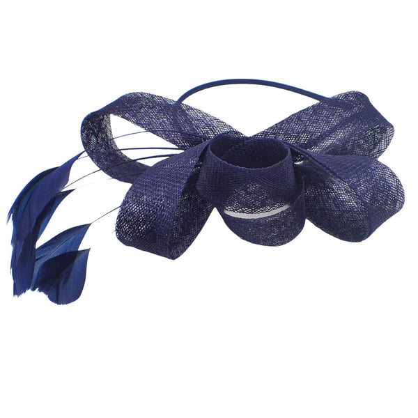 Fascinator on Aliceband Looped Net & Feather & Bow Fascinator Headband Hair Band Fascinators Hats Wedding Hats Royal Ascot Hats On Aliceband navy blue fascinators