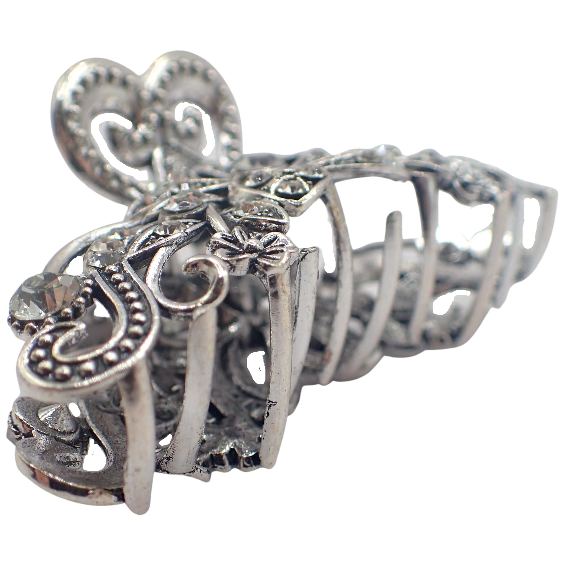 Vintage Hair Claw Clips Metal Flower Butterfly Bulldog Grips Silver Gold Women Girls Wedding Bridal Sparkly Clamp Jaw Rhinestone Gems (Silver Filigree Butterfly 5cm 2")