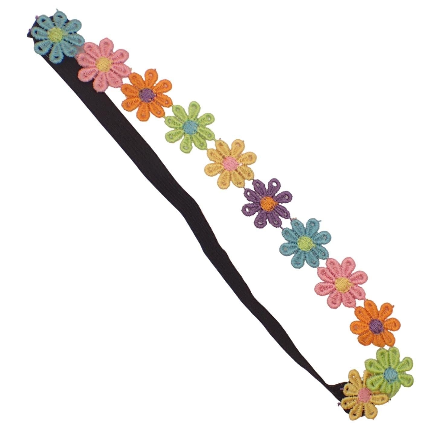 Knitted Hippy Elastic Headbands for Women & Girls, 70s Party Flower Power Stretchy Headband, Colourful Crocheted Daisy Crown Headband for Ladies