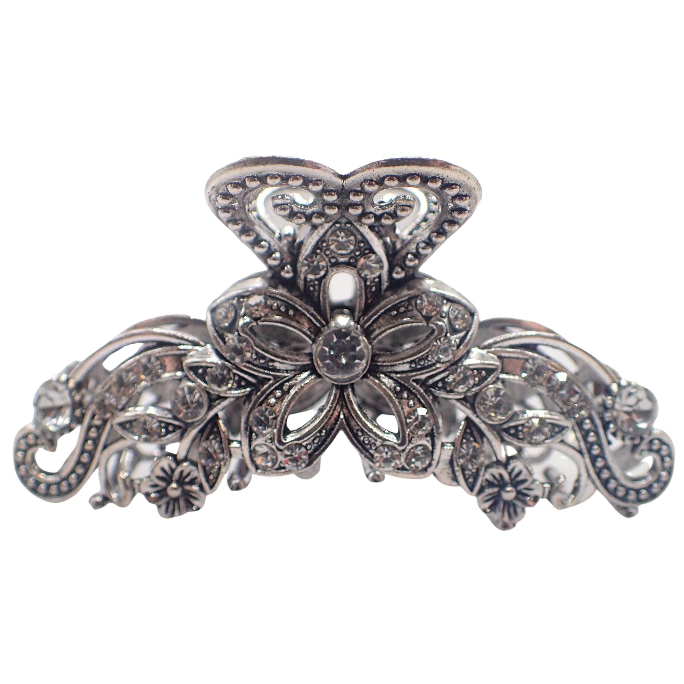Vintage Hair Claw Clips Metal Flower Butterfly Bulldog Grips Silver Gold Women Girls Wedding Bridal Sparkly Clamp Jaw Rhinestone Gems (Silver Filigree Butterfly 5cm 2")