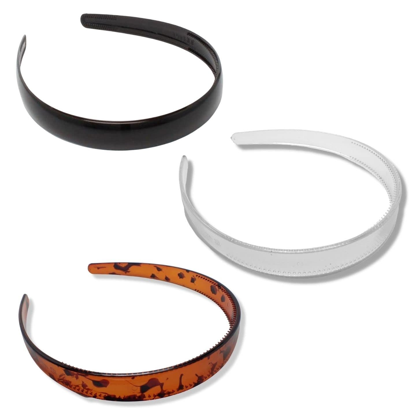 Plastic Alice Bands Hair Bands Head Bands Black Clear Tortoise Tort Brown Hairband Headband Aliceband Women Girls Men Boys Wide Teeth Comb - Pack of 3