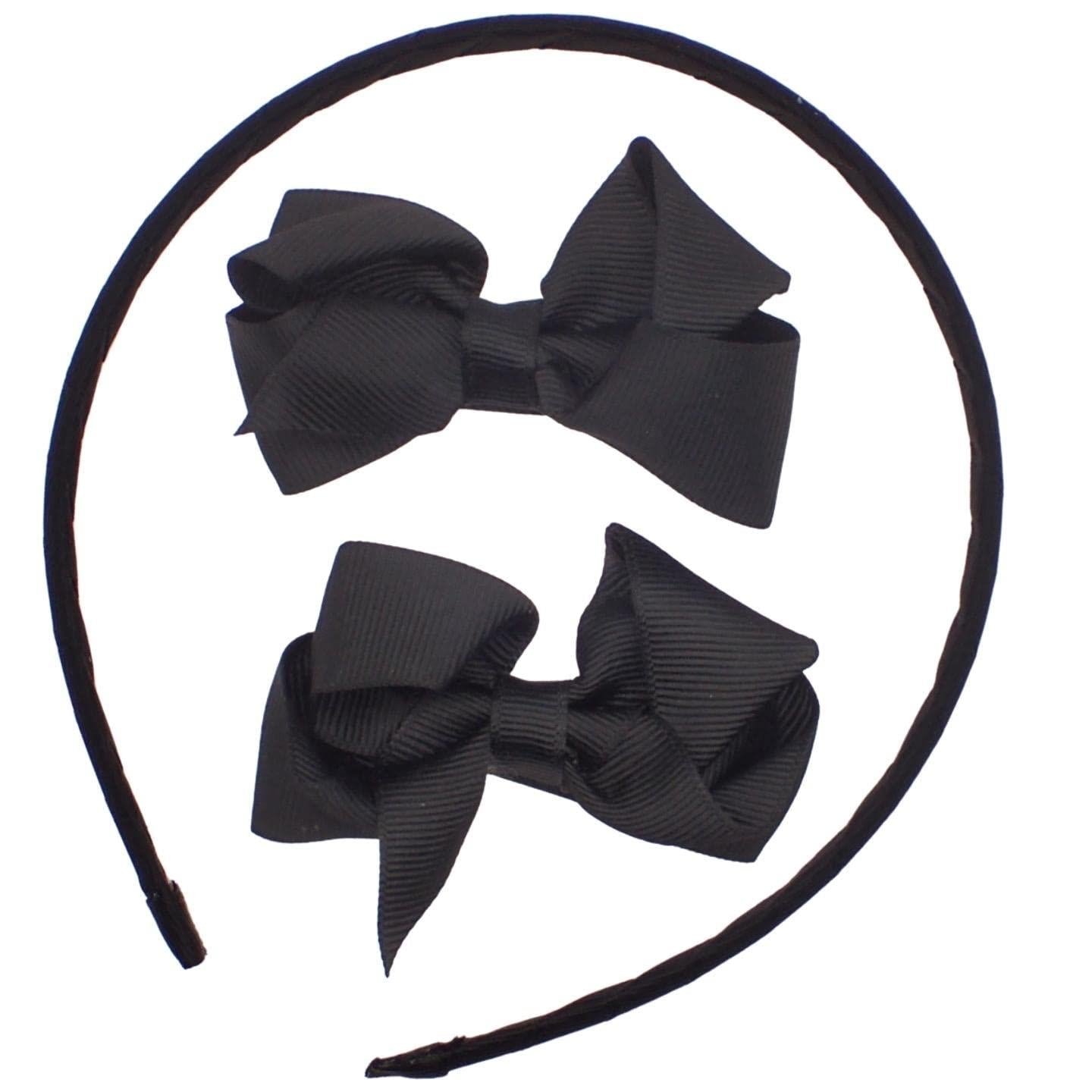 3pc School Set Coloured 1cm Alice Band Headband with Bow Clips, Hairband & Bow Clips Set, School Hair Bands & Clips, Bow Clip Set with Headband for Girls