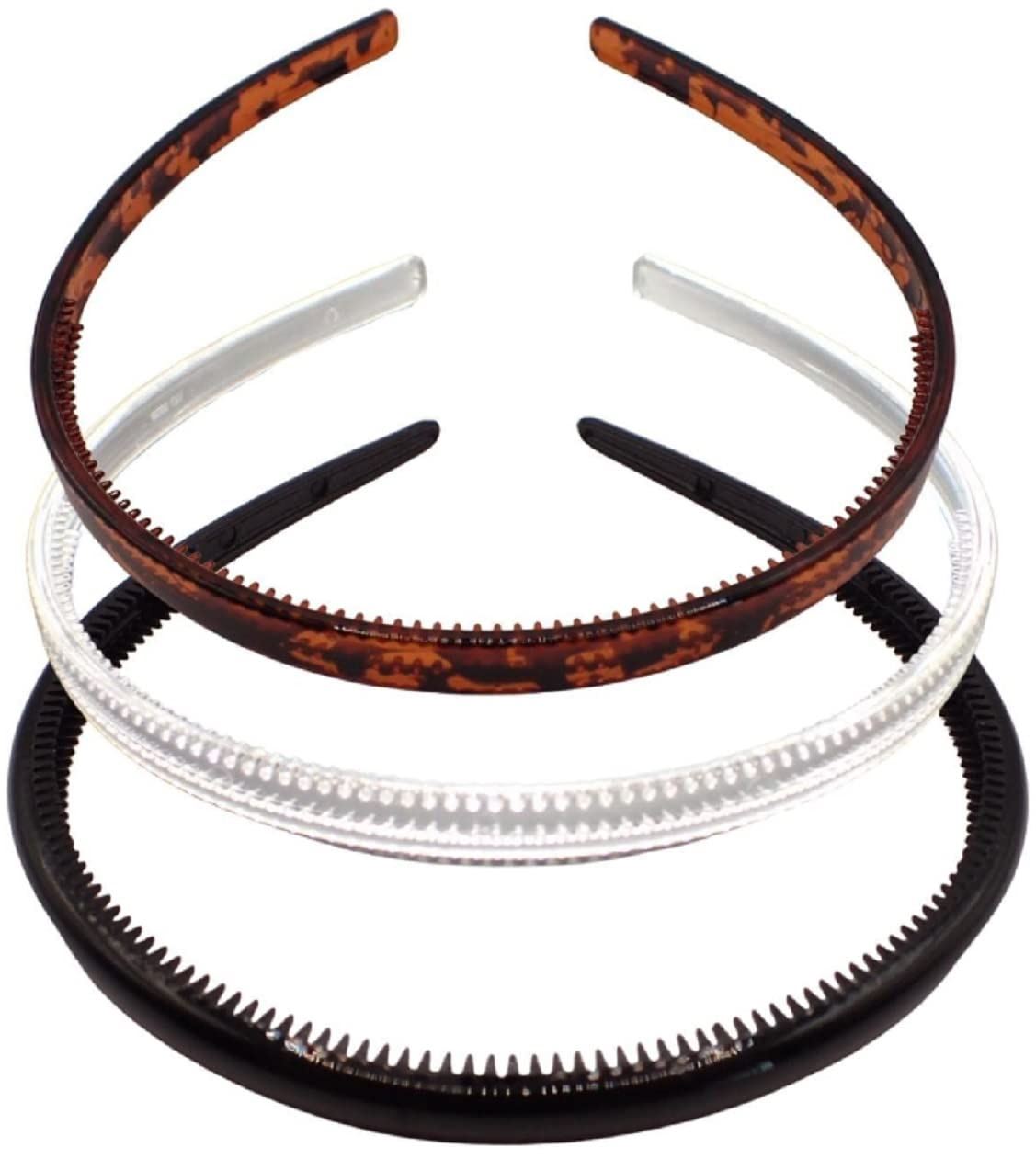 Plastic Alice Bands Hair Bands Head Bands Black Clear Tortoise Tort Brown Hairband Headband Aliceband Women Girls Men Boys Wide Teeth Comb - Pack of 3