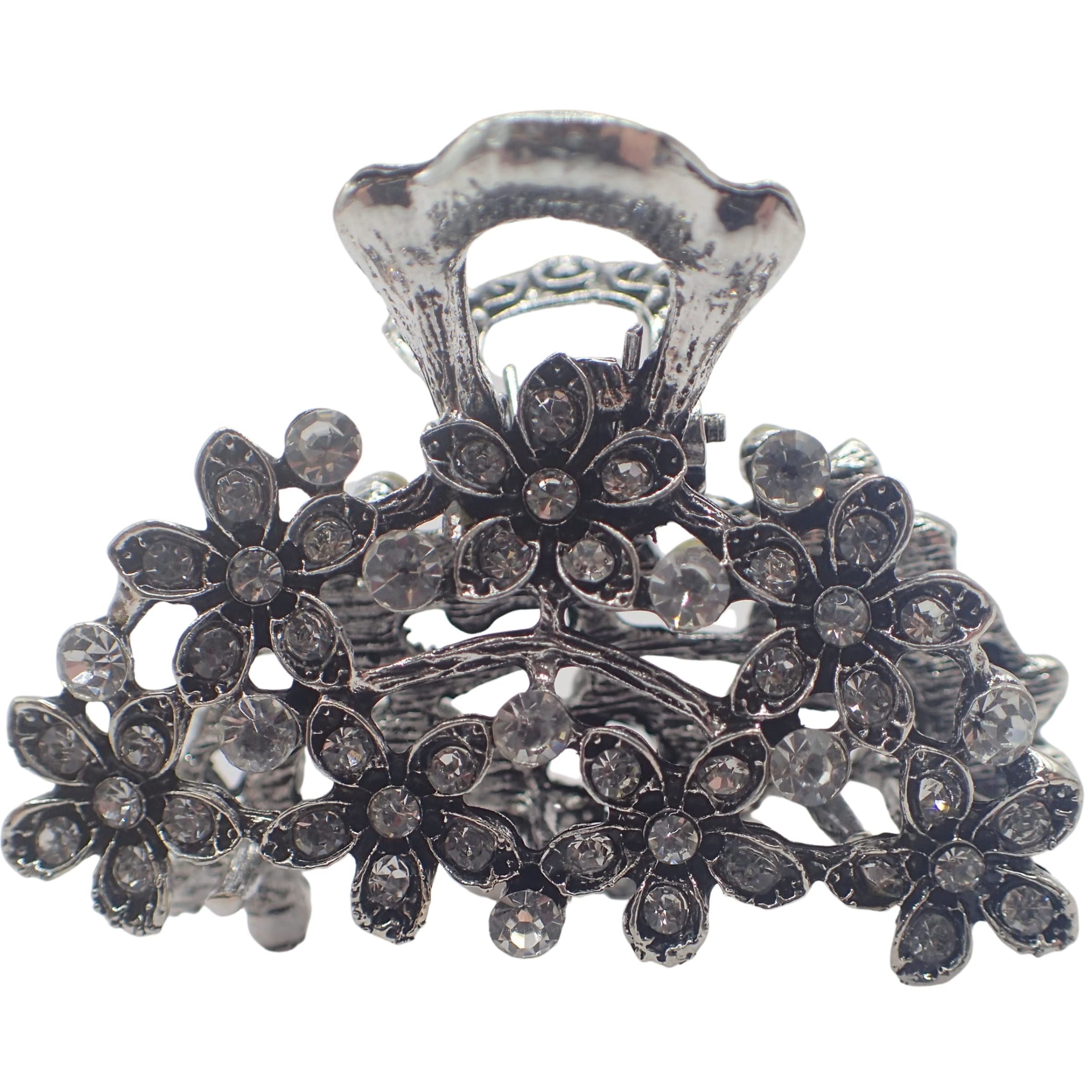 Vintage Hair Claw Clips Metal Flower Butterfly Bulldog Grips Silver Gold Women Girls Wedding Bridal Sparkly Clamp Jaw Rhinestone Gems (Silver Filigree Butterfly 5cm 2")